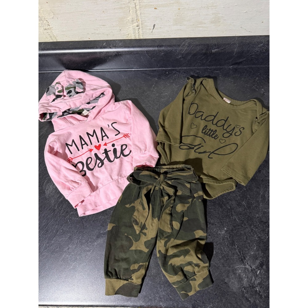Baby Girls 3pc Camo Bundle Outfit Set 6-9M Mama's Bestie Hoodie Bodysuit Cute